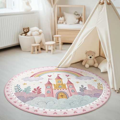 Princess Castle Kids Room Round Rug - Pink Rainbow Nursery Decor - Washable Fairy Tale Play Mat - Girls Room Non-Slip Printed Circle Rug
