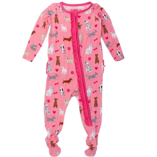 RuffleButts SoftSnooze Baby Girls Ruffle One Piece Footie Pajama - Pink Puppy Playtime, 6-12m