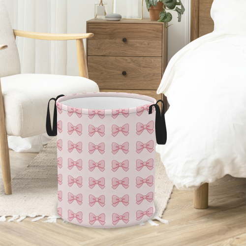 Pink Bow Laundry Basket Hamper for Boys Girls Kids Adults, Foldable Waterproof Oxford Clothes Storage Bin Pink Bow Food Organizer for Bedroom Bathroom Room Decor 19.7"x15.8"