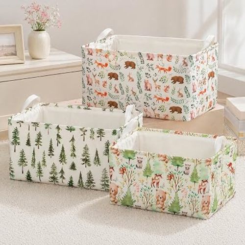 3 Pack Woodland Rectangle Storage Basket Green Forest Animals Shefl Basket Collapsible Bin for Nursery Closet Shelves Bedroom (Woodland)