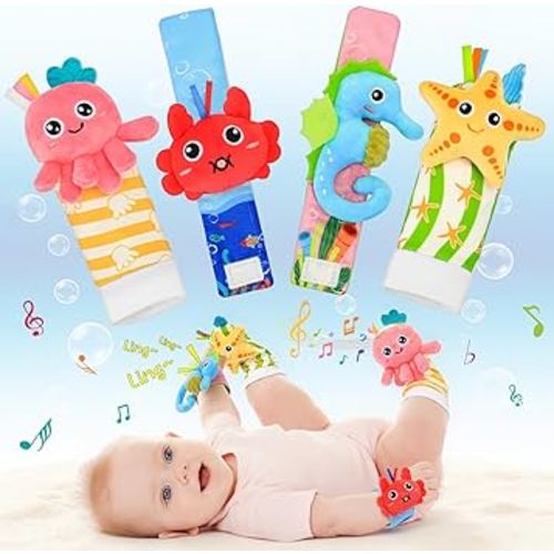 Baby Toys 0-6 Months - Wrist Rattle Foot Finder Socks Set for 3 Month Baby Toys Infants, Soft Plush Sensory Rattles for Newborn Boys Girls Essentials Shower Gifts