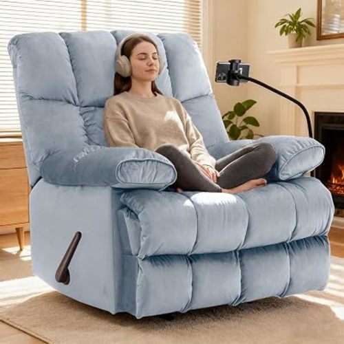 Euthymia Oversized Recliner Chair for Big Mans Recliners 400lbs, Velvet Large Recliner Extra Wide Heavy Duty Recliner Single Sofa for Living Room, Bedroom, Home Theater, Light Blue