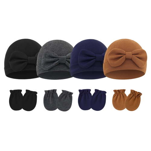 Happy Cherry Preemie Hats Gloves Set Infant Hospital Cotton Hat Newborn Bow Cap Toddler No Scratch Gloves Baby Girls Beanie Cap for 0-6 Months