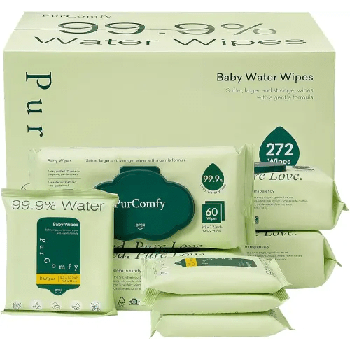 PurComfy Baby Wipes Unscented, 4 Flip-Top Packs + 4 Travel Pack 99.9% Water Wipes with Plant Based, Hypoallergenic for Sensitive Newborn Skin, Total 272 Count Wet Wipes