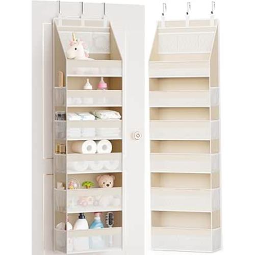Criusia Over the Door Organizer, 6-Shelf Closet Hanging Storage with 13 Mesh Pockets, 55lbs Capacity Behind the Door Storage for Baby Nursery, Bathroom, Bedroom, and Dorm, Beige