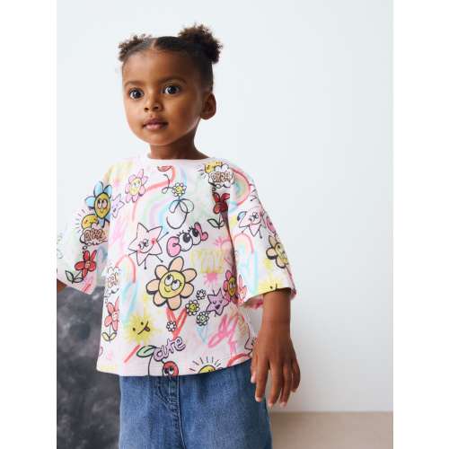 White Doodle Print Girls Short Sleeve T-Shirt (3mths-7yrs)