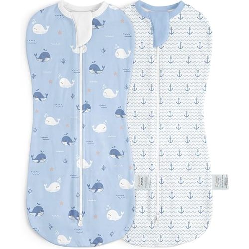 Baby Swaddle 0-2 Months, Cotton Arm-In Zipper Sleep Sack, Wearable Blankets Wrap for Newborn Infant Girls and Boys (Whale, Anchor, Pack of 2)