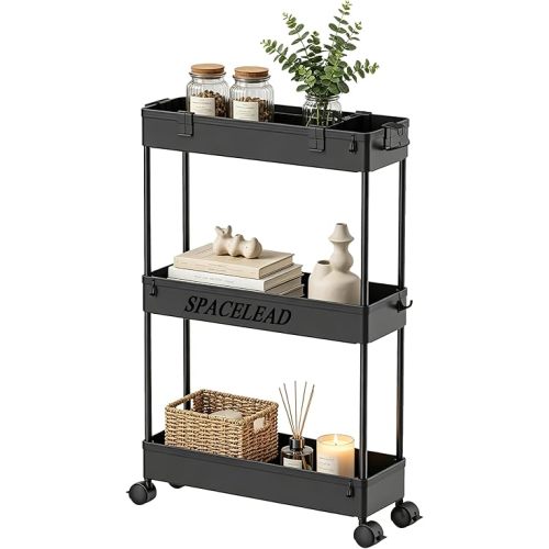 SPACELEAD Slim Storage Cart 3 Tier,Bathroom Organizer Rolling Utility,Mobile Shelving Unit Slide Out for Office, Kitchen, Laundry Room & Narrow Places,Black