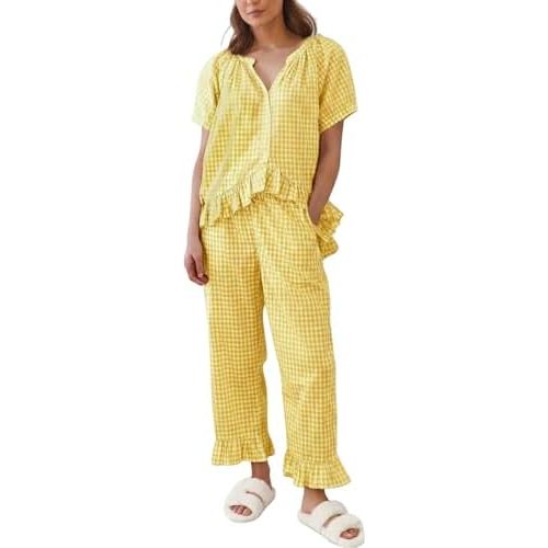 Gihuo Gingham Pajama Set for Women 2 Piece Plaid Cotton Button Down Top and Pants Ruffle Babydoll Pjs Lounge Sets