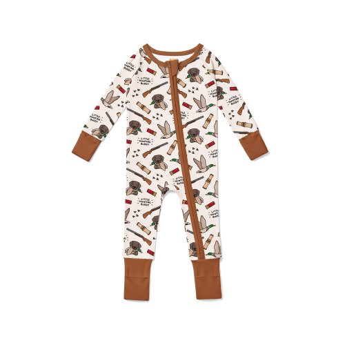 Duck Hunter Baby Pajamas: Bamboo Zip Up Sleeper with Little Hunting Buddy Print
