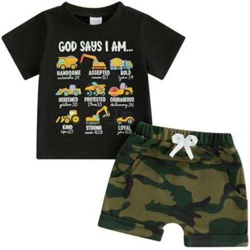 Toddler Baby Boy Summer Outfits God Says I Am Strong Truck Tractor T-Shirt Tops Camouflage Shorts Infant Clothes