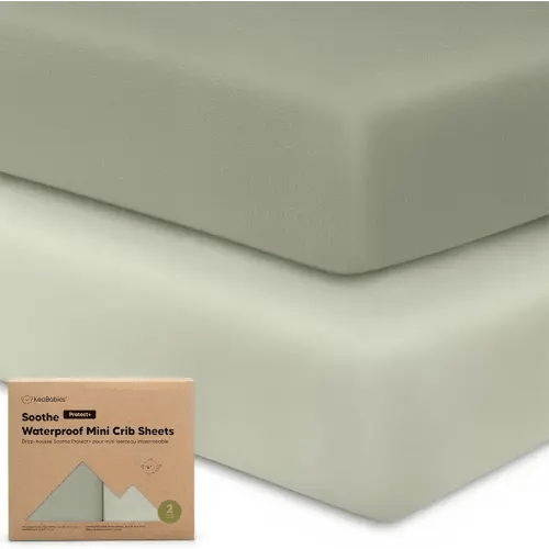 2-Pack Pack and Play Sheets, Waterproof Mini Crib Sheets Fitted - Organic Cotton Pack N Play Sheets for Graco Pack and Play Mattress, Playard Baby Crib Sheets, Neutral for Boy,Girl, Toddler (Lichen)