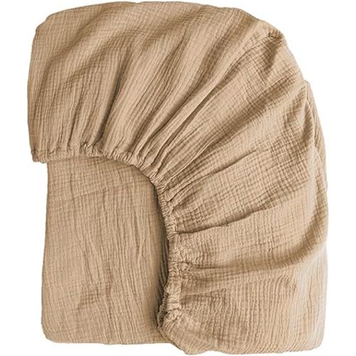 100% Muslin Cotton Tan Fitted Sheet Full Only with 16" Elastic Deep Pocket, 1 Pack Soft Breathable Absorbent Gauze Double Fitted Bottom Sheet, Minimalist Fluffy Wrinkle Mattress Protector