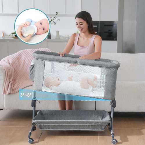 Anyask Baby Bedside Bassinet, 6 Height Adjustable Crib with Mosquito Net&Storage&Lockable Wheels for Infants, Light Grey