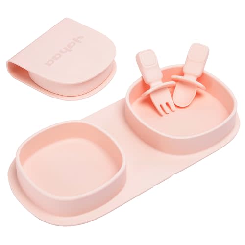 yahaa Toddler Plates Travel Essential on the go,Baby Plates with Forks and Spoons Self Feeding 6 months,Foldable,Silicone,BPA Free,Blush