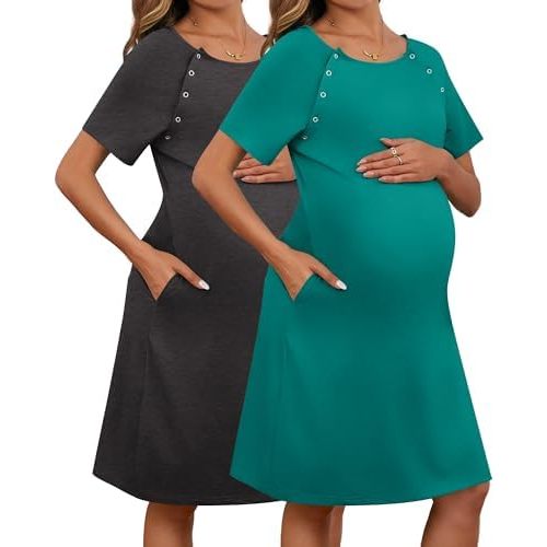 Huukeay 2 Pack Labor Delivery Nursing Hospital Gown Women's 35% Cotton Maternity Birthing Dress 3 In1 Breastfeeding Pajamas