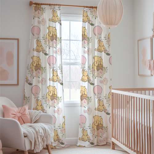 Winnie-the-Pooh Nursery Curtains, Baby Girl Room Curtain, Pink Floral Nursery Decor Girl, Floral Window Curtains Blackout, Classic Bear Baby