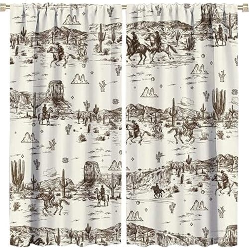 Vintage American Wilderness Western Cowboy Rod Pocket Curtains for Bedroom - Sketch Style Western Cowboy Cacti Window Treatment,Energy Saving Blackout Curtains 2 Panels 45" L x 21" W