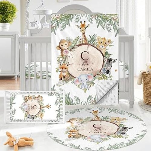 Personalized Baby Crib Bedding Set 3 Pcs Set Animals and Forests Soft Blanket Fitted Sheet Room Rug