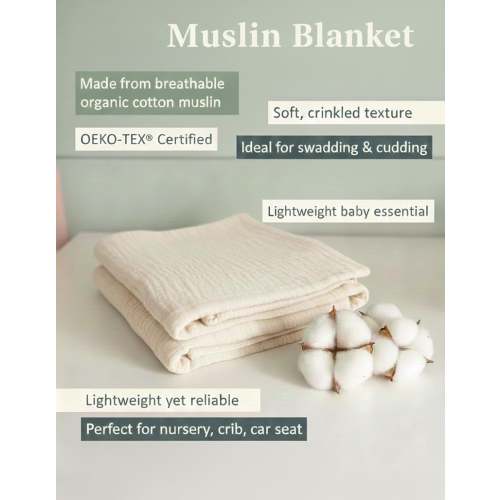 4 Layer Muslin Baby Blankets, Soft Gauze Swaddle, Organic Cotton Nursery Bedding, Newborn Boy Girl Gift, Toddler Blanket