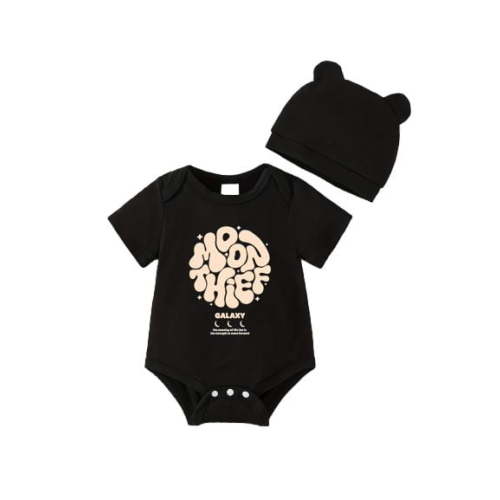Okgogo Newborn Boys "Moon Thief" Graphic Print Short Sleeve Romper with Matching Hat 2Pcs Baby Clothes for Outdoor