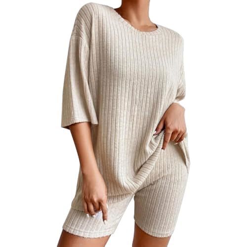 2 Sets Ribbed Knit Pajamas Matching Outfits T Shirt Biker Shorts Sleepwear Sweatsuits