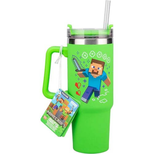 Paladone Minecraft Steve & Creeper 30 oz Green Insulated Cup and Straw, Officially Licensed Tumbler Travel Cup with Handle for Iced Tea or Coffee, Gaming Merchandise