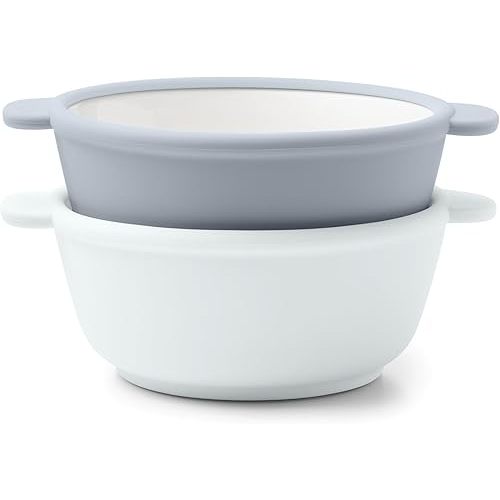 Ello Clean Start Toddler Bowls 2 Pack | Ceramic Kids/Baby Bowls with Silicone Sleeves | BPA-Free, Plastic-Free | Microwave & Dishwasher Safe | High Chair Friendly, Stackable | Quiet Tide/Tech Blue