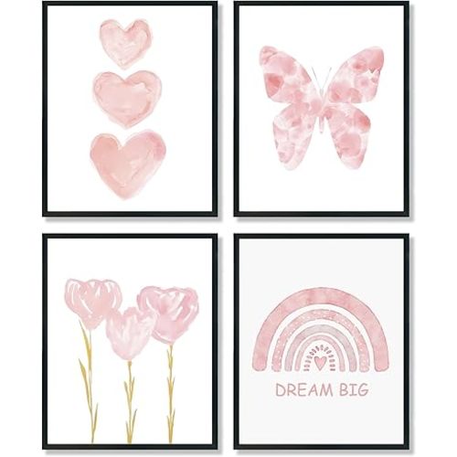 ULEGIE Toddler Girl Room Decor, Pink Girls Room Nursery Dream Big Wall Art Prints Set of 4, Watercolor Pink Butterfly Rainbow Floral Posters Decor for Toddler Baby Room, 12x16 Inch Unframed