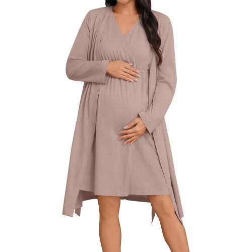 SWOMOG Women 100% Cotton Maternity Nursing Gown and Robe Set 3 in 1 Labor Postpartum Soft Nightgown for Breastfeeding