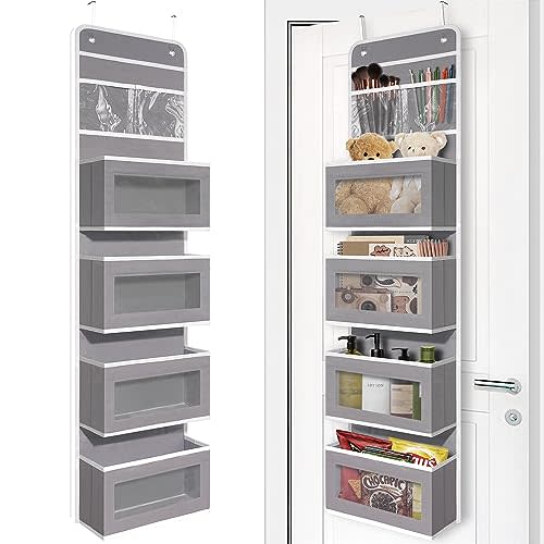 Giraffe Creation Gray Over Door Organizer with 4 Large Clear Pockets, Neutral Hanging Door Storage for Closet, Bathroom, Bedroom, Dorm, Nursery, Toys, Toiletries