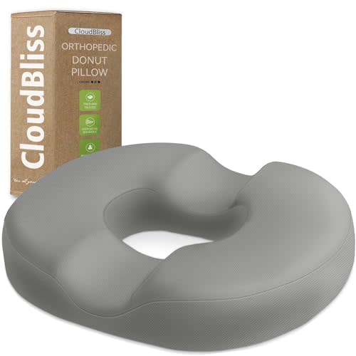CloudBliss Donut Pillow Seat Cushion Chair Pad for Tailbone Pain Relief and Hemorrhoids, Memory Foam Seat Chair Cushion for Men and Women for Home & Office, (Light Grey)