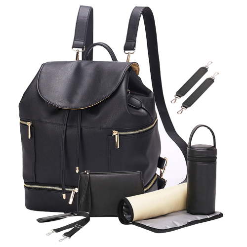 MySmile PU Leather Diaper Bag, Unisex Baby Backpack with Changing Pad, Black