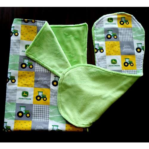 John Deere Tractor Minky Green Lime Receiving Blanket, and Burp Rag Personalized