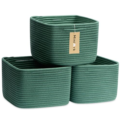 MiniArk Small Organizing Baskets for Cubes Shelf, 9.7x9.7x7.1 Inch Rope Woven Storage Bins for Nursery Shelves Storage, Cute Toy Basket, Square 3 Packs Green