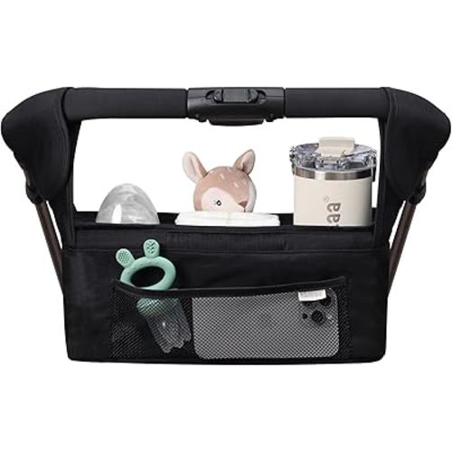 haakaa Stroll & Go Organiser - 2 Cup Holders - Black, Ultimate Stroller Organizer Universal Fit with Adjustable Non-Slip Straps & Hooks, Stroller Caddy Accessories with Shoulder Strap