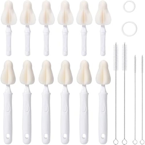 White Baby Bottle Brush 16-Piece Kit, Sponge Heads & Hanging Rings | Complete 16-piece bottle wash set with replaceable sponge heads, straw cleaners, and bonus hanging rings for storage.