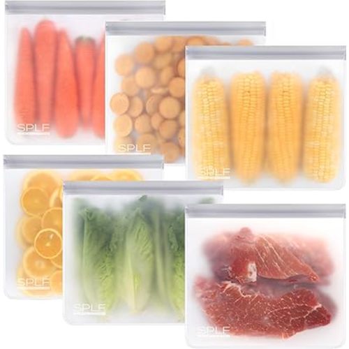 SPLF 6 Pack Reusable Gallon Freezer Bags Dishwasher Safe, BPA FREE Reusable Food Storage Bags, Extra Thick Leakproof Silicone and Plastic Free for Marinate Meats, Cereal, Sandwich, Snack, Travel Items