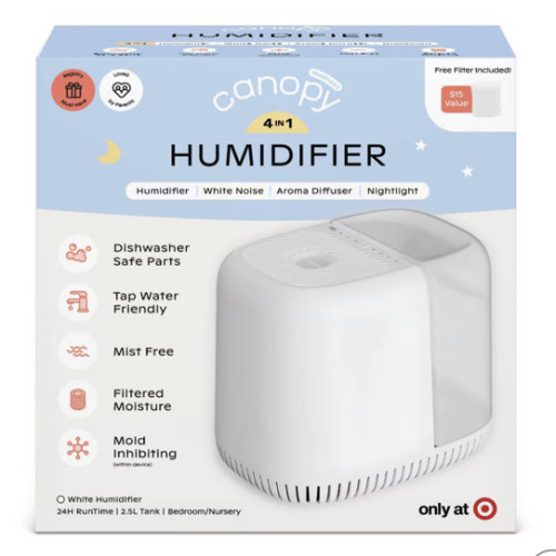 Canopy Mist Free Evaporative Humidifier with 4 Settings, Includes Optional Night Light, White Noise Machine & Aroma Diffusion, 2.5ltr - White