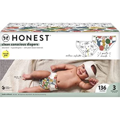 The Honest Company Clean Conscious Diapers | Plant-Based, Sustainable | Cactus Cuties + Skulls | Super Club Box, Size 3 (16-28 lbs), 136 Count