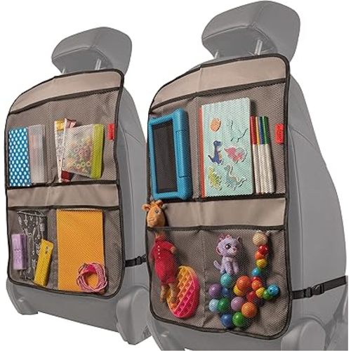 Lusso Gear Kick Mats (2 Pack) - Car Seat Back Protectors, Premium Waterproof Fabric, Reinforced Corners to Prevent Sag, and 4 Mesh Pockets for Large Storage (Gray)