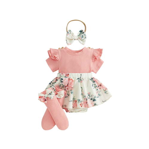 Loicainy Baby Infant Girl Summer Bodysuit Dress Outfits 3 6 9 12 Months Faux Two-piece Design Daisy Print Plaid Short Sleeve Romper Bow Headband and Stockings Set