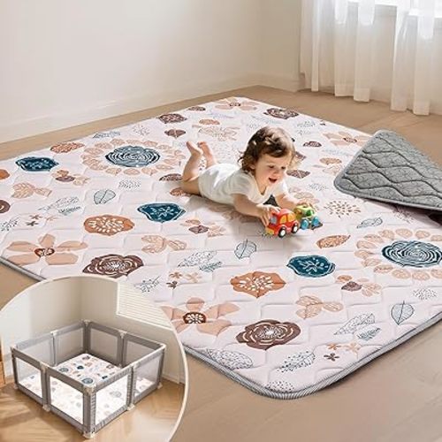 Baby Play Mat for Floor,50x50 Inch Soft Foam Padding Crawling Mat for Playpen, Foldable and Machine Washable, Thick for Babies & Toddlers,Boho Flower