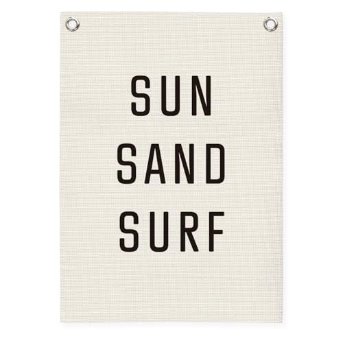 MOFUYU Surf Nursery Playroom Decor Linen Canvas Banner,Coastal Baby Room Decor,Beach Nursery Decorations,Sun Sand Surf Lake House Nautical Wall Hanging Flag Banner 18x25 Inch