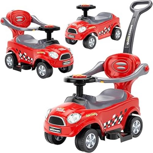 ChromeWheels 3 in 1 Ride on Push Car for Toddlers with Removable Handle/Guardrails/Pedal, Horn, Music, Under Seat Storage (Red)