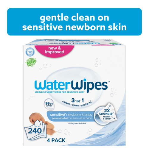 WaterWipes Natural Non-Fragrance Baby Wipes, 99.9% Water Based, 4 Packs (240 Wipes)
