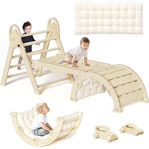 Pikler Triangle Set with Cushion, Montessori Climbing Set, Indoor Climb Toys, Indoor Playground Jungle Gyms, 9 Combinations Climbing Toy Set for Toddler, Baby, Kids 1-4