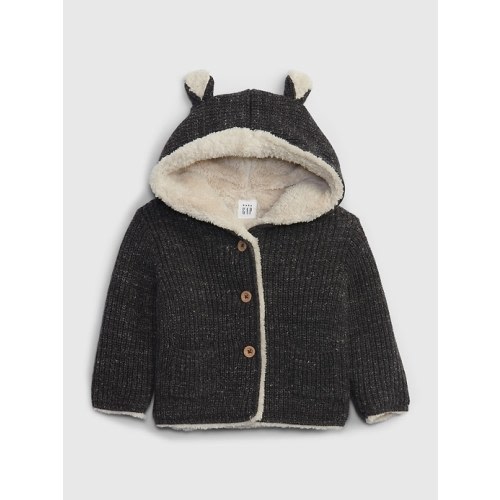 Baby Sherpa-Lined Bear Sweater in charcoal grey, size: 3-6 M