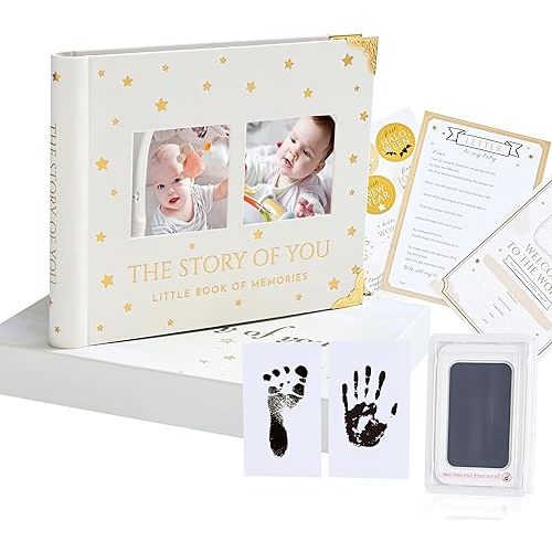 BLUSHY BABY Book Keepsake, Baby Memory Book From Pre-Birth to 5th Year, with 2 Photo Pockets, Milestone Stickers, Hand/Footprint Inkpad, Information Card, Baby Album and Memory Book for Girls or Boys