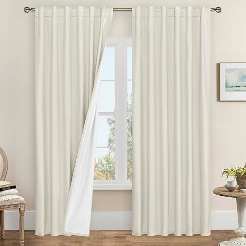 LAMIT Ivory 100% Blackout Linen Curtains, 84 Inch Linen Textured Living Room Farmhouse Curtains Room Darkening Back Tab and Rod Pocket Burlap Neutral Panels with White Liner, 2 Panels, 52 x 84 Inch